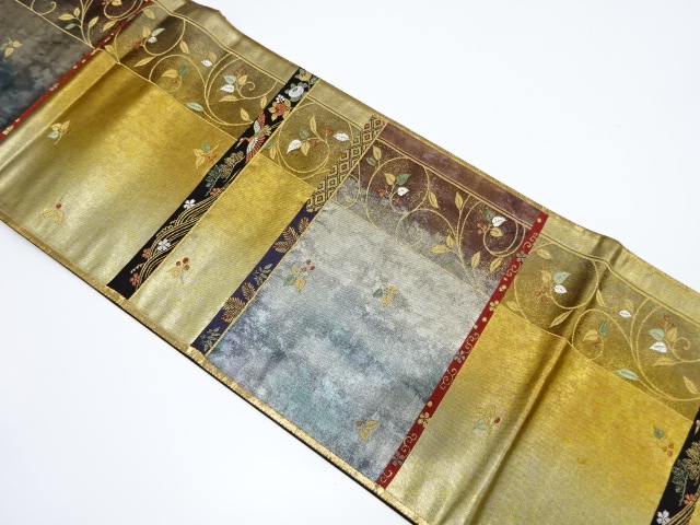 JAPANESE KIMONO / VINTAGE FUKURO OBI / WOVEN FLORAL PLANTS & CRANE